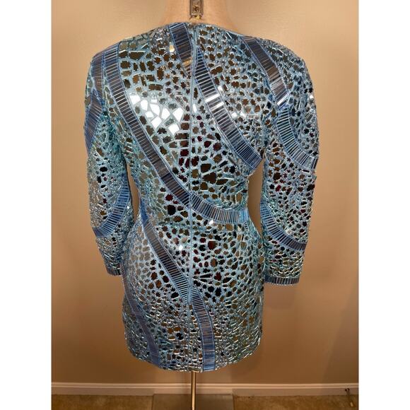 Retrofete Kia Mirror Embellished Mosaic Long Sleeve Blue Atoll Mini Dress Sz M - Picture 13 of 15